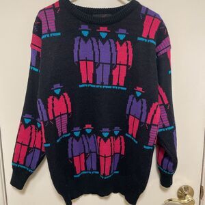 Vintage 80s Dream Weaver Fashion Knitted Sweater People Aop Medium Pink Black